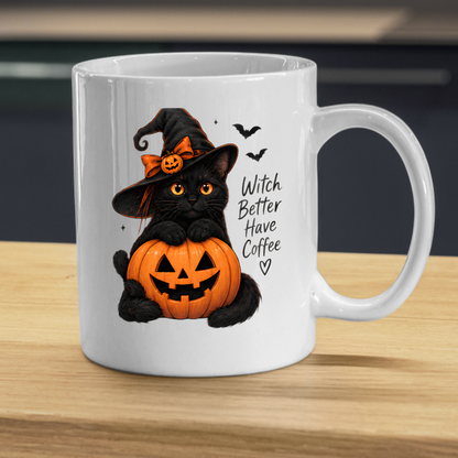 Halloween Mug "Witch Better Have Coffee Black Cat" Witch Better Have Coffee Black Cat 325ml Ceramic Coffee Mug – Cute Halloween Autumn Tea Cup With Witch Hat Jack O Lantern Graphic Gift | Available in Multicolours | Fast Dispatch by UK Seller (M3225)