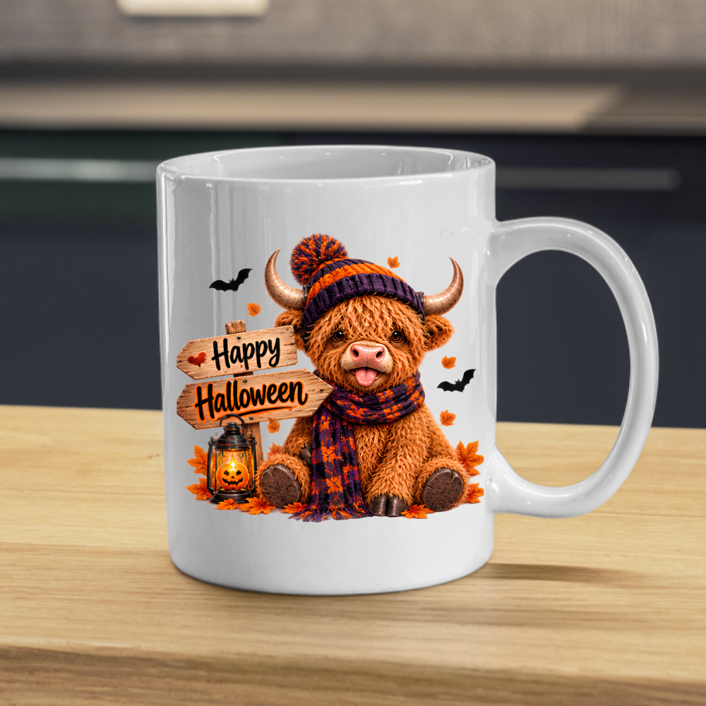 Halloween Mug "Cozy Beanie Happy Halloween" Cozy Halloween Highland Cow 325ml Ceramic Coffee Mug – Autumn Beanie Tea Cup with Wooden Sign Lantern Graphic Gift | Available in Multicolours | Fast Dispatch by UK Seller (M3167)