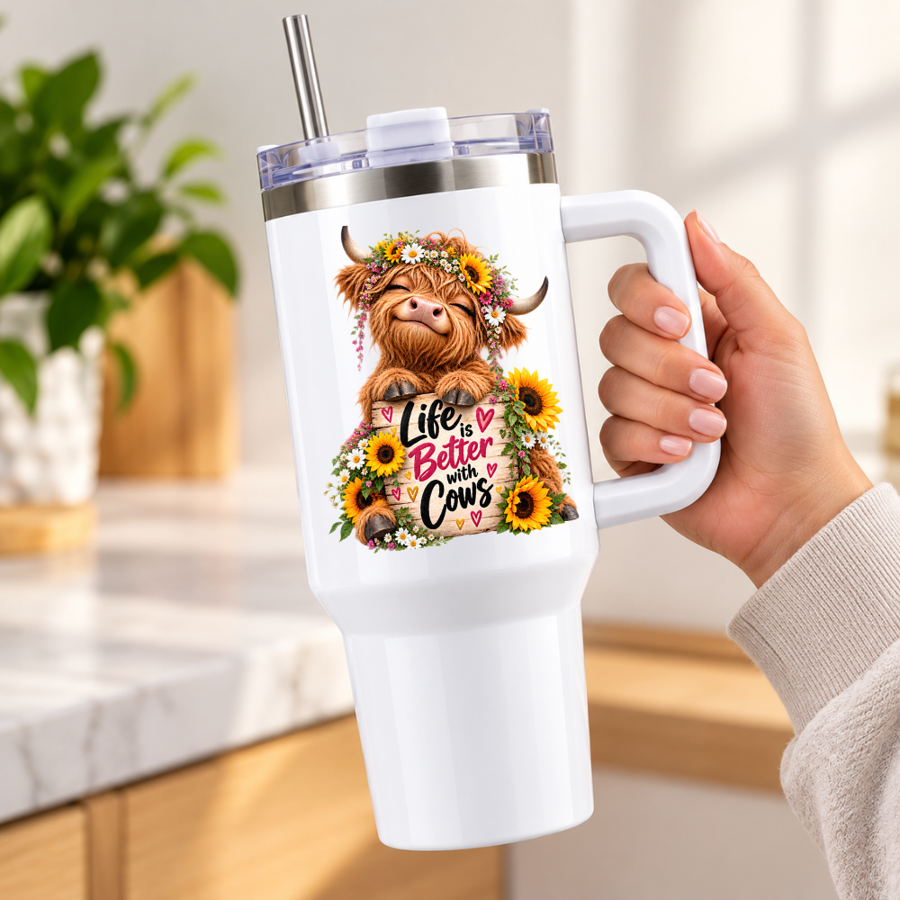 Floral Sunflower Highland Cow Travel Tumbler "Life is Better with Cows" Graphic 40oz Stainless Steel Insulated Travel Mug with Handle & Straw – Highland Cow in Flower Crown & Wooden Sign Novelty Travel Cup | Fast Dispatch by UK Seller (T3040)
