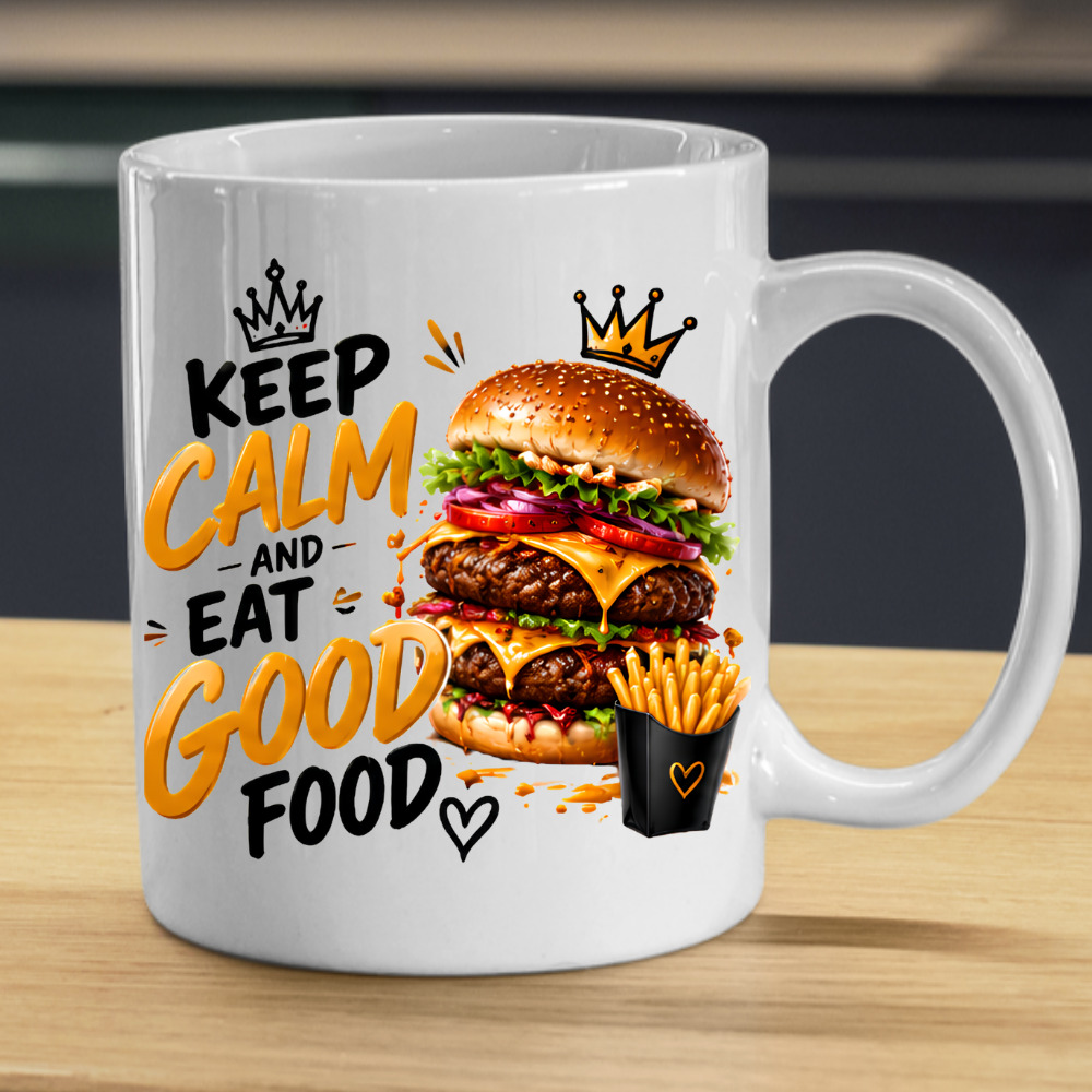 Burger Mug "Keep Calm And Eat Good Food" 325ml Ceramic Coffee Tea Cup – Double Cheeseburger, Fries & Slogan Novelty Gift for Foodies, Fast Food Lovers, Birthday – Fast Dispatch by UK Seller (M3506)