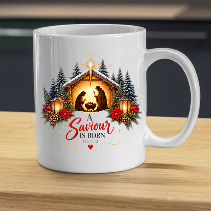 Christmas Mug "A Saviour Is Born Luke 2:11" A Saviour Is Born 325ml Ceramic Coffee Mug – Festive Nativity Scene Mug with Star of Bethlehem Poinsettia Holiday Gift | Available in Multicolours | Fast Dispatch by UK Seller (M3320)