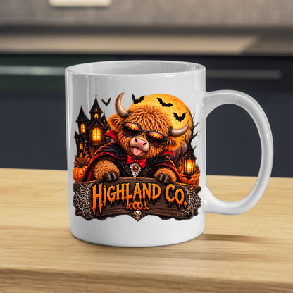 Halloween Mug "Vampire Costume Highland Co." Vampire Costume Highland Cow 325ml Ceramic Coffee Mug – Spooky Halloween Tea Cup with Dracula Cape Sunglasses Haunted House Graphic Gift | Available in Multicolours | Fast Dispatch by UK Seller (M3179)