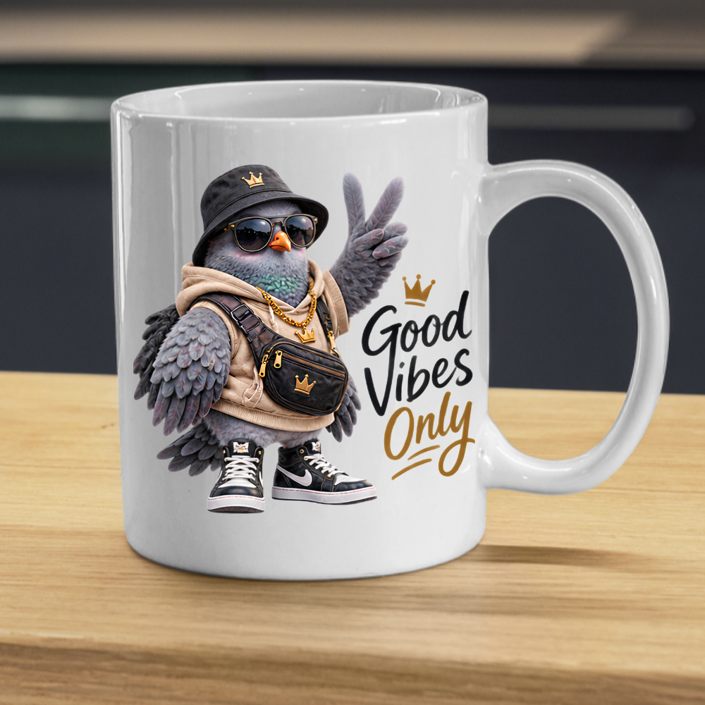Good Vibes Mug "Good Vibes Only Cool Pigeon" 325ml Ceramic Mug – Cool Pigeon in Bucket Hat, Gold Chain, Crossbody Bag High Top Sneakers Funny Streetwear Bird Mug Gift For Friends Coworkers | Available in Multicolours | Fast Dispatch by UK Seller (M3237)