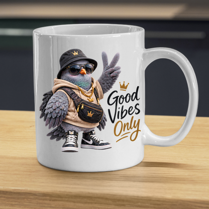 Good Vibes Mug "Good Vibes Only Cool Pigeon" 325ml Ceramic Mug – Cool Pigeon in Bucket Hat, Gold Chain, Crossbody Bag High Top Sneakers Funny Streetwear Bird Mug Gift For Friends Coworkers | Available in Multicolours | Fast Dispatch by UK Seller (M3237)