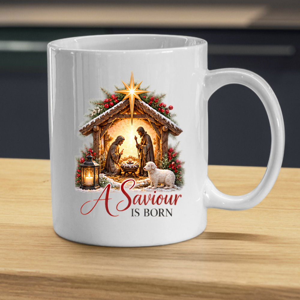 Christmas Mug "A Saviour Is Born Nativity Scene" 325ml Ceramic Coffee Mug – Christian Christmas Nativity Scene Mug with Bethlehem Star Baby Jesus Lamb Religious Holiday Gift | Available in Multicolours | Fast Dispatch by UK Seller (M3300)