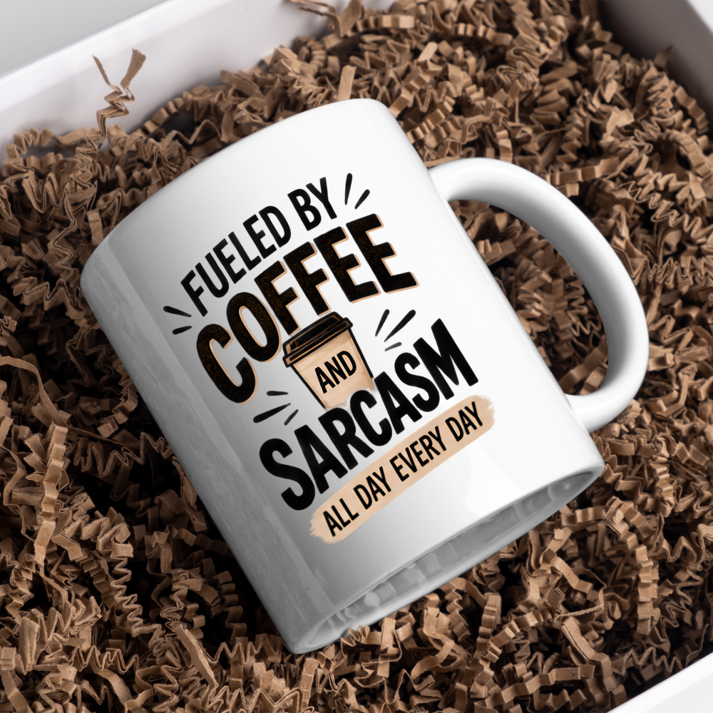 Funny Typography Mug "FUELED BY Coffee And Sarcasm All Day Every Day" 325ml Ceramic Coffee Mug – Sarcastic Work Cup & Humorous Quote Graphic Gift | Available in Multicolours | Fast Dispatch by UK Seller (M3054)