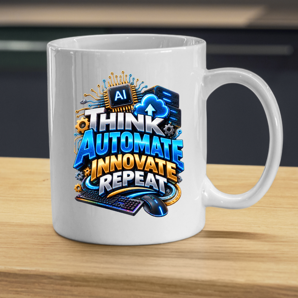Tech Mug "Think Automate Innovate Repeat" Think Automate Innovate Repeat 325ml Ceramic Coffee Mug – Tech Developer Mug with AI Processor, Cloud, Keyboard & Mouse | IT Programmer Gift | Fast Dispatch by UK Seller (M3326)