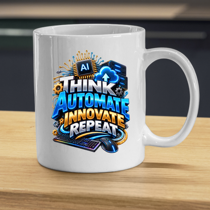 Tech Mug "Think Automate Innovate Repeat" Think Automate Innovate Repeat 325ml Ceramic Coffee Mug – Tech Developer Mug with AI Processor, Cloud, Keyboard & Mouse | IT Programmer Gift | Fast Dispatch by UK Seller (M3326)