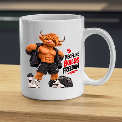 Gym Mug "Discipline Builds Freedom Muscular Highland Cow" Discipline Builds Freedom 325ml Ceramic Coffee Mug – Muscular Highland Cow Showing Six Pack Abs Open Zip Jacket Gym Fitness Gift | Available in Multicolours | Fast Dispatch by UK Seller (M3274)