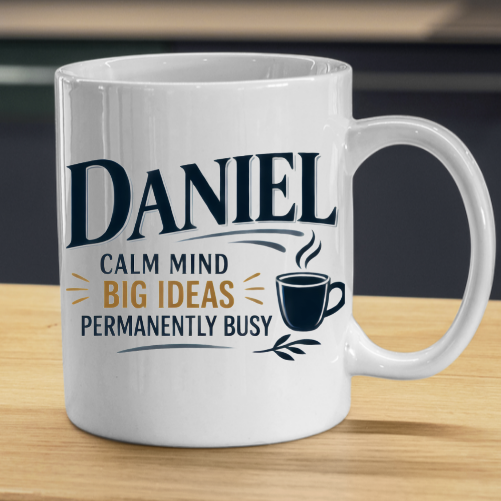 Personalized Name Mug "Daniel Calm Mind Big Ideas Permanently Busy" Daniel Calm Mind Big Ideas Permanently Busy 325ml Ceramic Coffee Mug – Custom Name Typography Slogan with Coffee Cup & Leaf Flourish | Funny Gift | Fast Dispatch by UK Seller (M3419)
