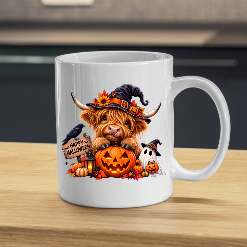 Halloween Mug "Happy Halloween" Cute Witchy Highland Cow 325ml Ceramic Coffee Mug Spooky Autumn Tea Cup with Pumpkin and Ghost Graphic Gift | Available in Multicolours | Fast Dispatch by UK Seller (M3155)