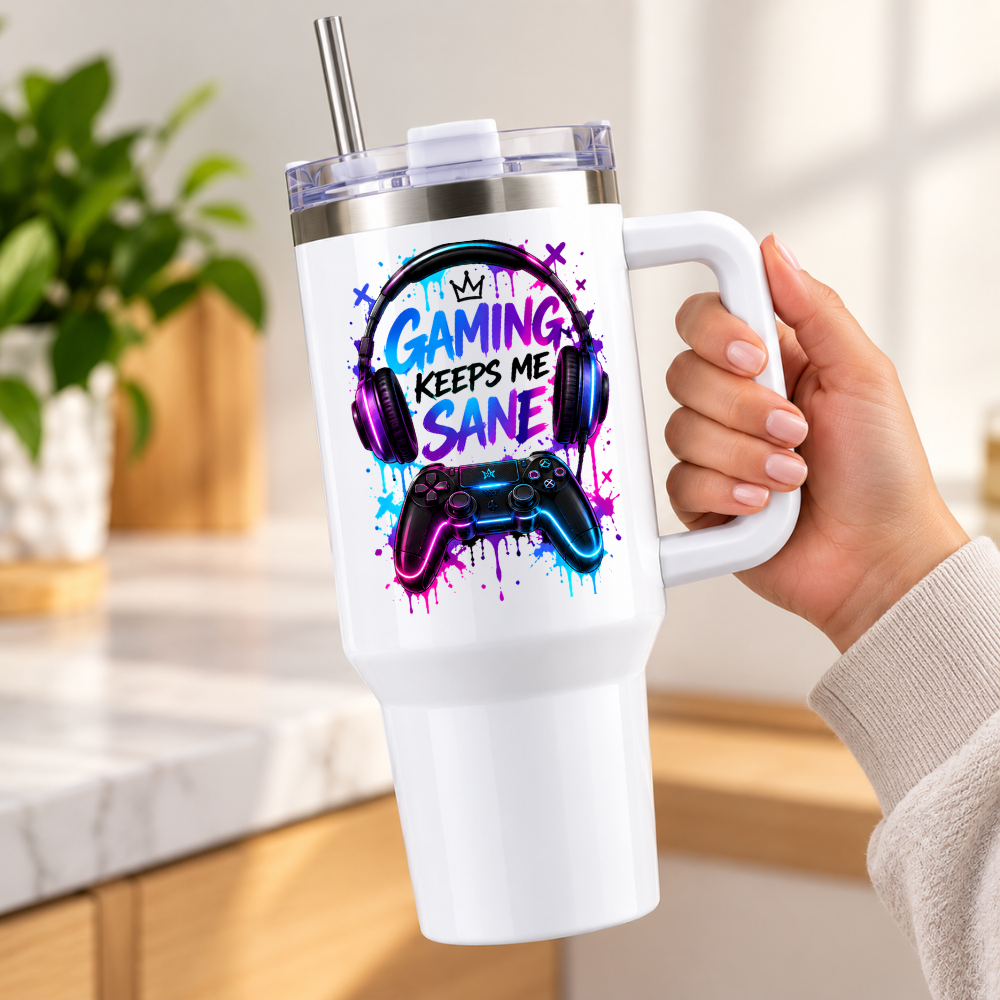 Neon Gaming Travel Tumbler "Gaming Keeps Me Sane" Graphic 40oz Stainless Steel Insulated Travel Mug with Handle & Straw – Headphones, Controller & Paint Splatter Novelty Gift for Gamers | Fast Dispatch by UK Seller (T3065)