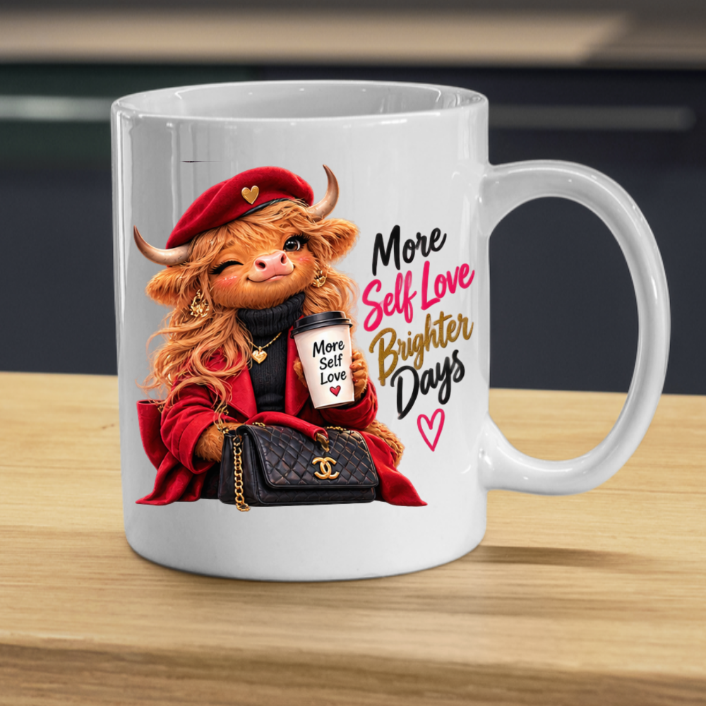 Self-Love Mug "More Self Love Brighter Days Highland Cow" More Self Love Brighter Days Highland Cow 325ml Ceramic Coffee Mug– Chic Red Beret Fashion Tea Cup Positive Typography Graphic Gift | Available in Multicolours | Fast Dispatch by UK Seller (M3197)