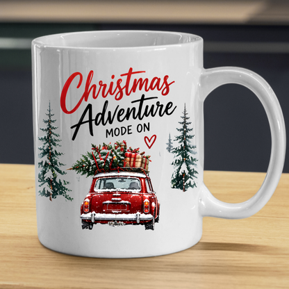 Festive Red Car Christmas Mug "Christmas Adventure Mode On" Christmas Adventure Mode On 325ml Ceramic Coffee Mug – Vintage Red Car with Christmas Tree & Gift Boxes with Snowy Pine Trees | Festive Holiday Gift | Fast Dispatch by UK Seller (M3398)