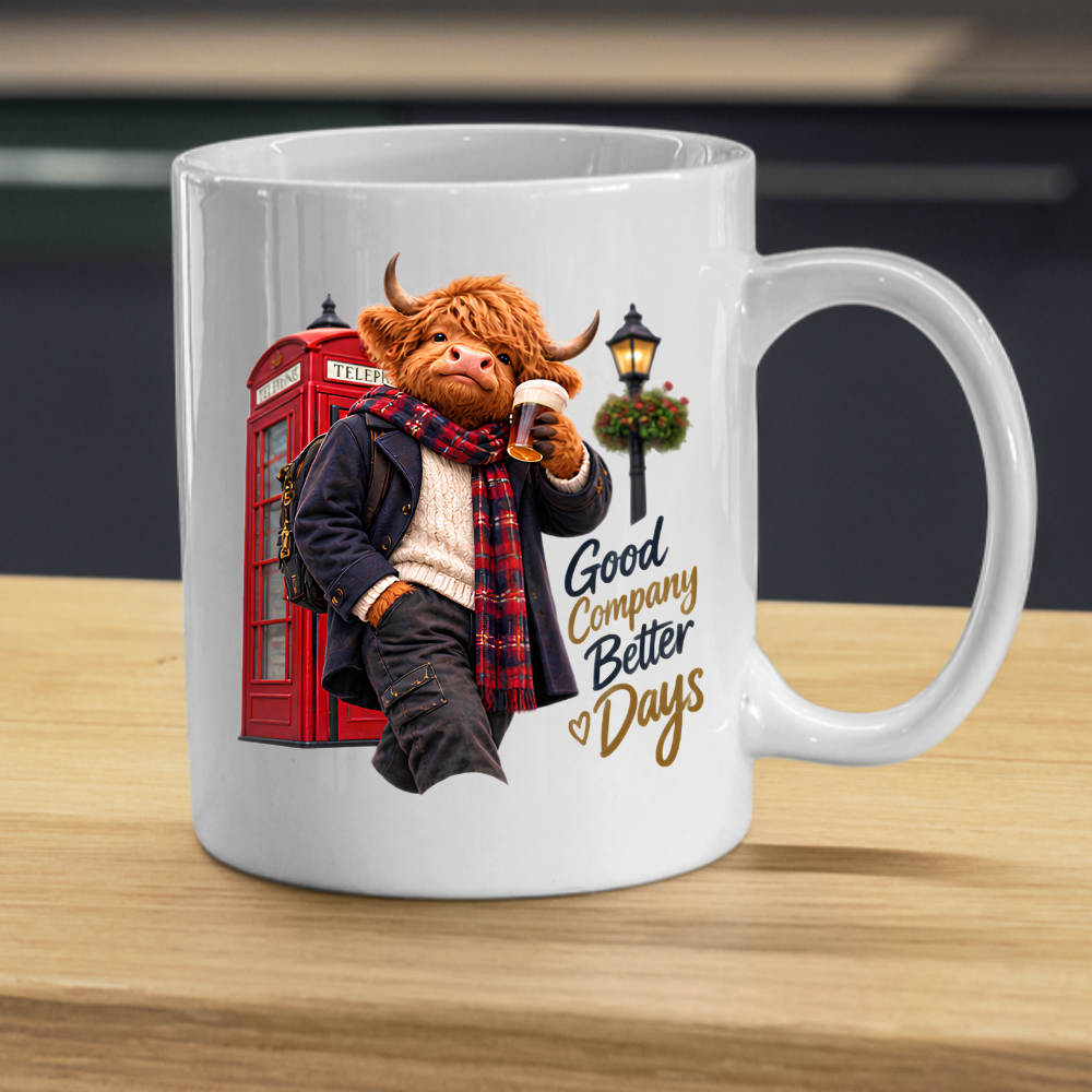 London Mug "Good Company Better Days British Highland Cow" Good Company Better Days 325ml Ceramic Coffee Mug – Cozy Highland Cow with Pint Of Beer By Red Phone Box Lamp Post British Gift | Available in Multicolours | Fast Dispatch by UK Seller (M3286)