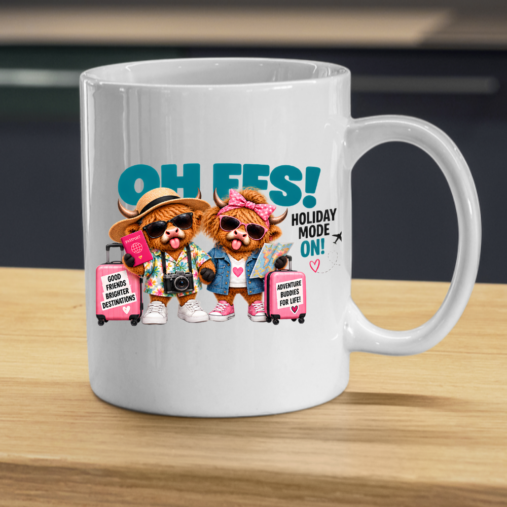 Holiday Highland Cows Mug "OH FFS! Holiday Mode On!" Oh Ffs! Holiday Mode On! 325ml Ceramic Coffee Mug – Cute Highland Cows Travel Buddies with Suitcases, Passport, Map & Camera | Funny Travel Gift | Fast Dispatch by UK Seller (M3370)