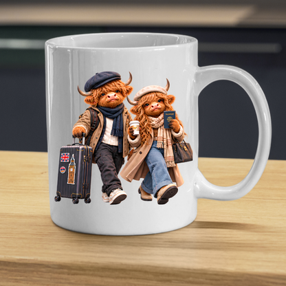 Travelers Mug "World Travelers Highland Cow Couple" 325ml Ceramic Mug – Stylish Highland Cow Couple with Passport Suitcase Stamped With Big Ben Union Jack Cozy Gift For Travelers Couples | Available in Multicolours | Fast Dispatch by UK Seller (M3262)