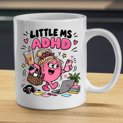 Cute Mug "Little Ms ADHD" Funny Neurodivergent Cartoon Coffee Cup 350ml, Pink Ceramic Novelty Mug, Relatable Busy Mind Multitasking Humour Gift for Her Mum Sister Girlfriend Best Friend, Birthday Christmas Secret Santa | Fast Dispatch by UK Seller (M1112)
