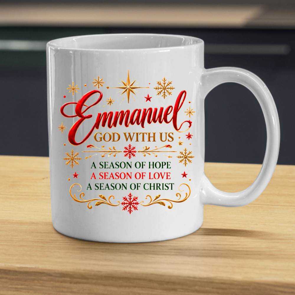 Christmas Mug "Emmanuel God With Us" Emmanuel God With Us 325ml Ceramic Coffee Mug – Christian Christmas Verse Mug with Gold Star, Snowflakes Scrollwork Festive Religious Gift | Available in Multicolours | Fast Dispatch by UK Seller (M3294)