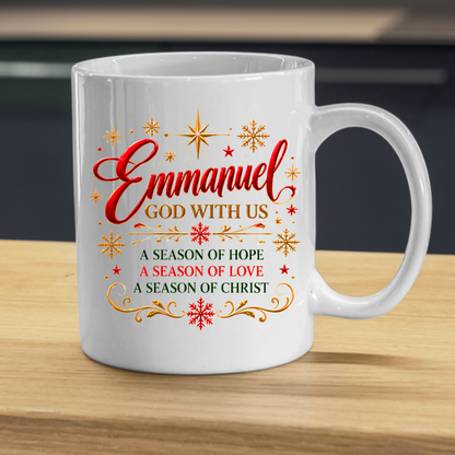 Christmas Mug "Emmanuel God With Us" Emmanuel God With Us 325ml Ceramic Coffee Mug – Christian Christmas Verse Mug with Gold Star, Snowflakes Scrollwork Festive Religious Gift | Available in Multicolours | Fast Dispatch by UK Seller (M3294)