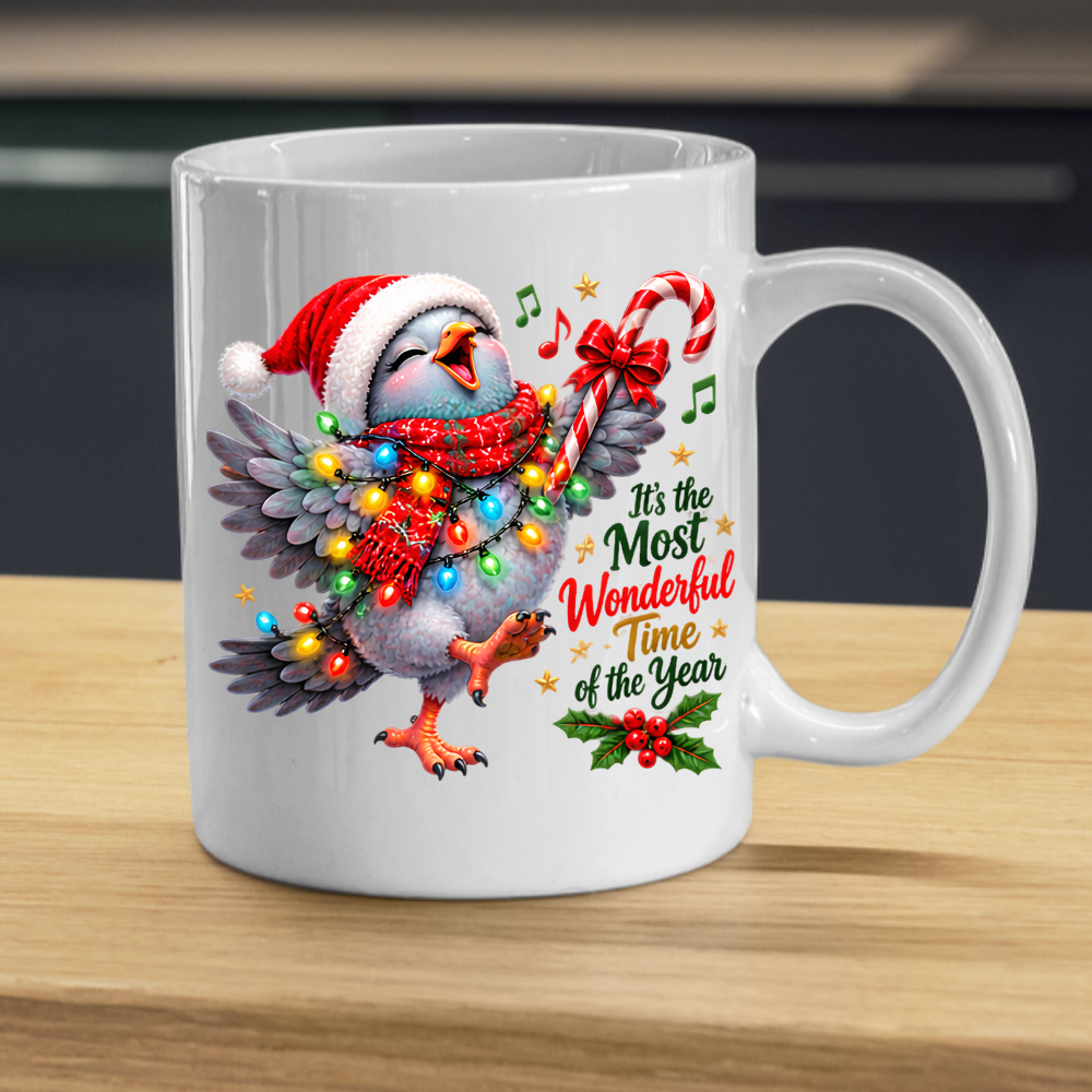 Holiday Mug "It's the Most Wonderful Time of the Year Bird" 325ml Ceramic Coffee Mug – Joyful Singing Christmas Bird Wrapped In Christmas Lights Scarf Festive Holiday Gift | Available in Multicolours | Fast Dispatch by UK Seller (M3268)