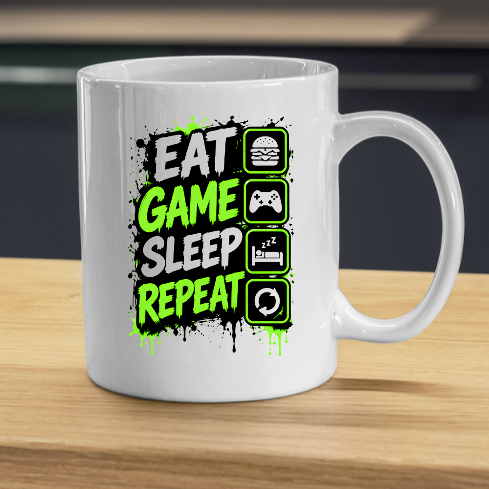 Gaming Mug "Eat Game Sleep Repeat" Eat Game Sleep Repeat 325ml Ceramic Coffee Mug – Gamer Routine Mug with Burger, Controller, Bed & Recycle Icons | Video Game Gift | Fast Dispatch by UK Seller (M3346)