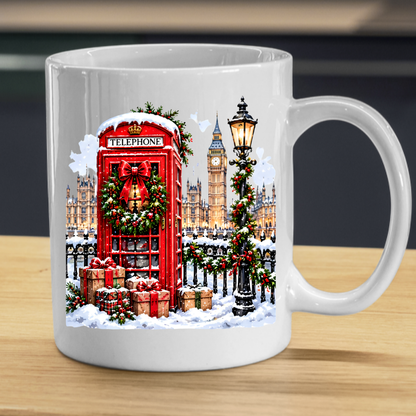 London Christmas Telephone Box Mug "Winter in London" Christmas in London Telephone Box 325ml Ceramic Coffee Mug –Big Ben & Houses of Parliament Scene with Festive Wreath, Lamp Post & Gift Boxes | Holiday Souvenir Gift | Fast Dispatch by UK Seller (M3439)
