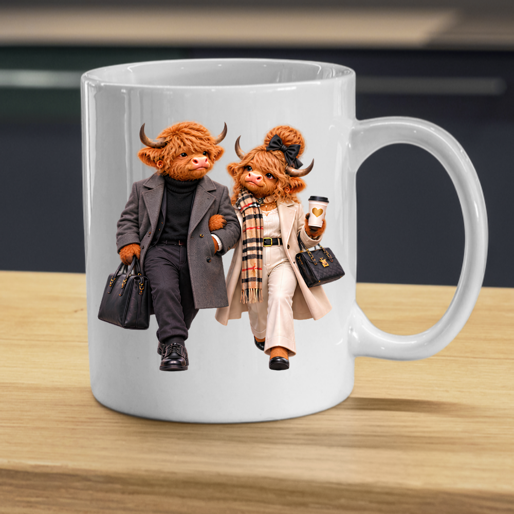 Fashion Mug "Elegance Highland Cow Couple Walking" Elegance Highland Cow Couple 325ml Ceramic Coffee Mug– Chic Winter Walking Tea Cup with Charcoal Overcoat Beige Trench Scarf Graphic Gift | Available in Multicolours | Fast Dispatch by UK Seller (M3191)