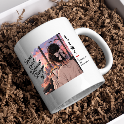Inspirational Anime Girl Mug "Same Girl Different Stronger" Sunset Window 325ml Ceramic Coffee Mug – Aesthetic Mindful Tea Cup with Japanese Kanji Graphic Gift | Available in Multicolours | Fast Dispatch by UK Seller (M3034)
