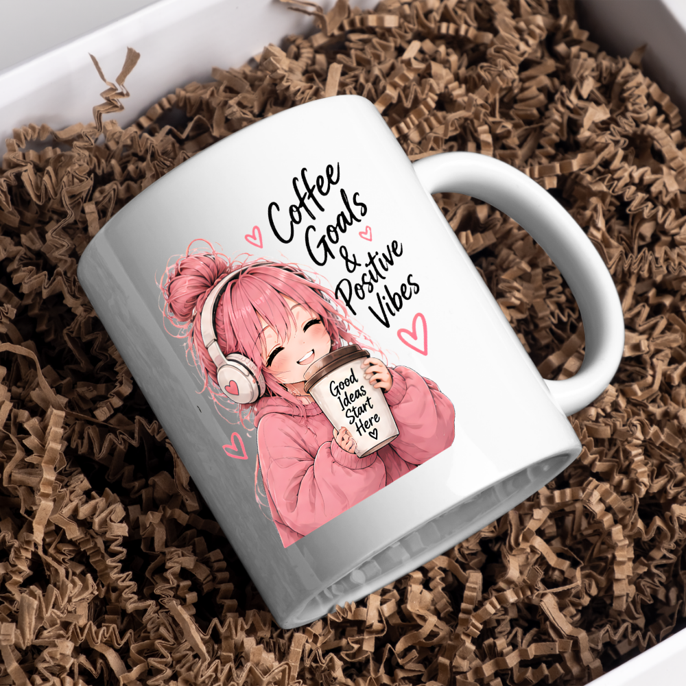 Inspirational Anime Mug "Coffee Goals & Positive Vibes" Cute Pink Hair Girl 325ml Ceramic Coffee Mug Aesthetic Work & Study Tea Cup with Headphones & Coffee Cup Graphic Gift | Available in Multicolours | Fast Dispatch by UK Seller (M3026)