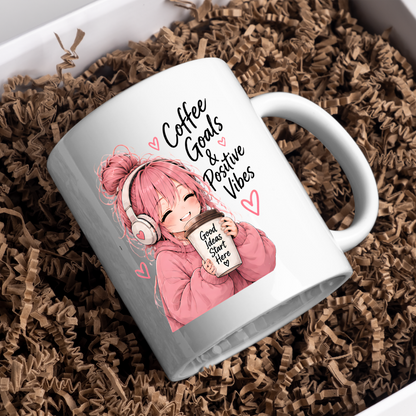 Inspirational Anime Mug "Coffee Goals & Positive Vibes" Cute Pink Hair Girl 325ml Ceramic Coffee Mug Aesthetic Work & Study Tea Cup with Headphones & Coffee Cup Graphic Gift | Available in Multicolours | Fast Dispatch by UK Seller (M3026)