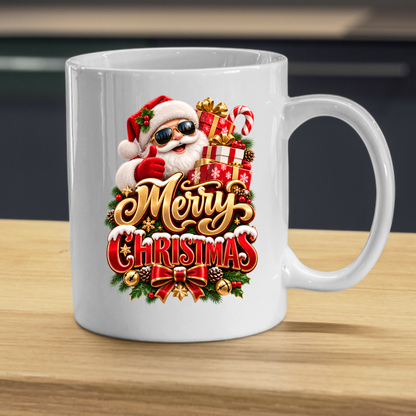 Christmas Mug "Merry Christmas" Cool Santa with Sunglasses & Gifts Merry Christmas 325ml Ceramic Coffee Mug – Cool Santa in Sunglasses Giving Thumbs Up with Gift Boxes & Candy Cane | Festive Holiday Gift | Fast Dispatch by UK Seller (M3362)