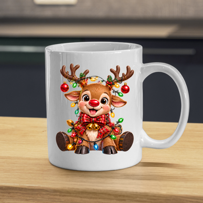 Christmas Mug "Baby Reindeer Christmas Lights Bow" Baby Reindeer 325ml Ceramic Coffee Mug – Festive Christmas Tea Cup with Red Nose, Fairy Lights Plaid Bow Baubles Graphic Gift | Available in Multicolours | Fast Dispatch by UK Seller (M3185)
