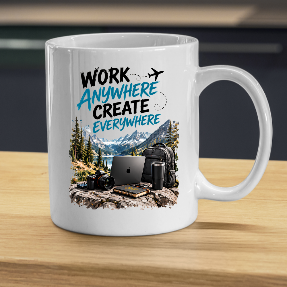 Tech Mug "Work Anywhere Create Everywhere" Work Anywhere Create Everywhere 325ml Ceramic Coffee Mug – Digital Nomad Mug with Mountain Lake, Laptop, Camera & Travel Backpack | Remote Work Gift | Fast Dispatch by UK Seller (M3334)
