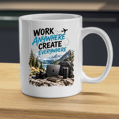 Tech Mug "Work Anywhere Create Everywhere" Work Anywhere Create Everywhere 325ml Ceramic Coffee Mug – Digital Nomad Mug with Mountain Lake, Laptop, Camera & Travel Backpack | Remote Work Gift | Fast Dispatch by UK Seller (M3334)