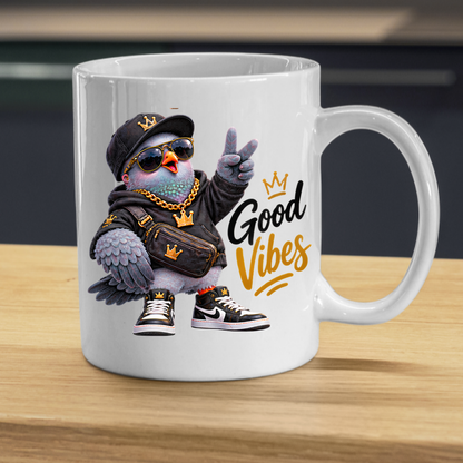 Streetwear Mug "Good Vibes Cool Pigeon" Good Vibes 325ml Ceramic Coffee Mug – Cool Pigeon with Cap, Sunglasses, Gold Chain, Hoodie & Sneakers Funny Hip Hop Bird Mug Gift For Friends | Available in Multicolours | Fast Dispatch by UK Seller (M3243)