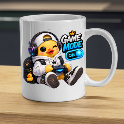 Gamer Mug "Game Mode On Gamer Duck" Game Mode On 325ml Ceramic Coffee Mug – Cute Gamer Duck in White Hoodie, Cap, RGB Gaming Headset Holding Controller Fun Gift For Gamers Friends | Available in Multicolours | Fast Dispatch by UK Seller (M3255)