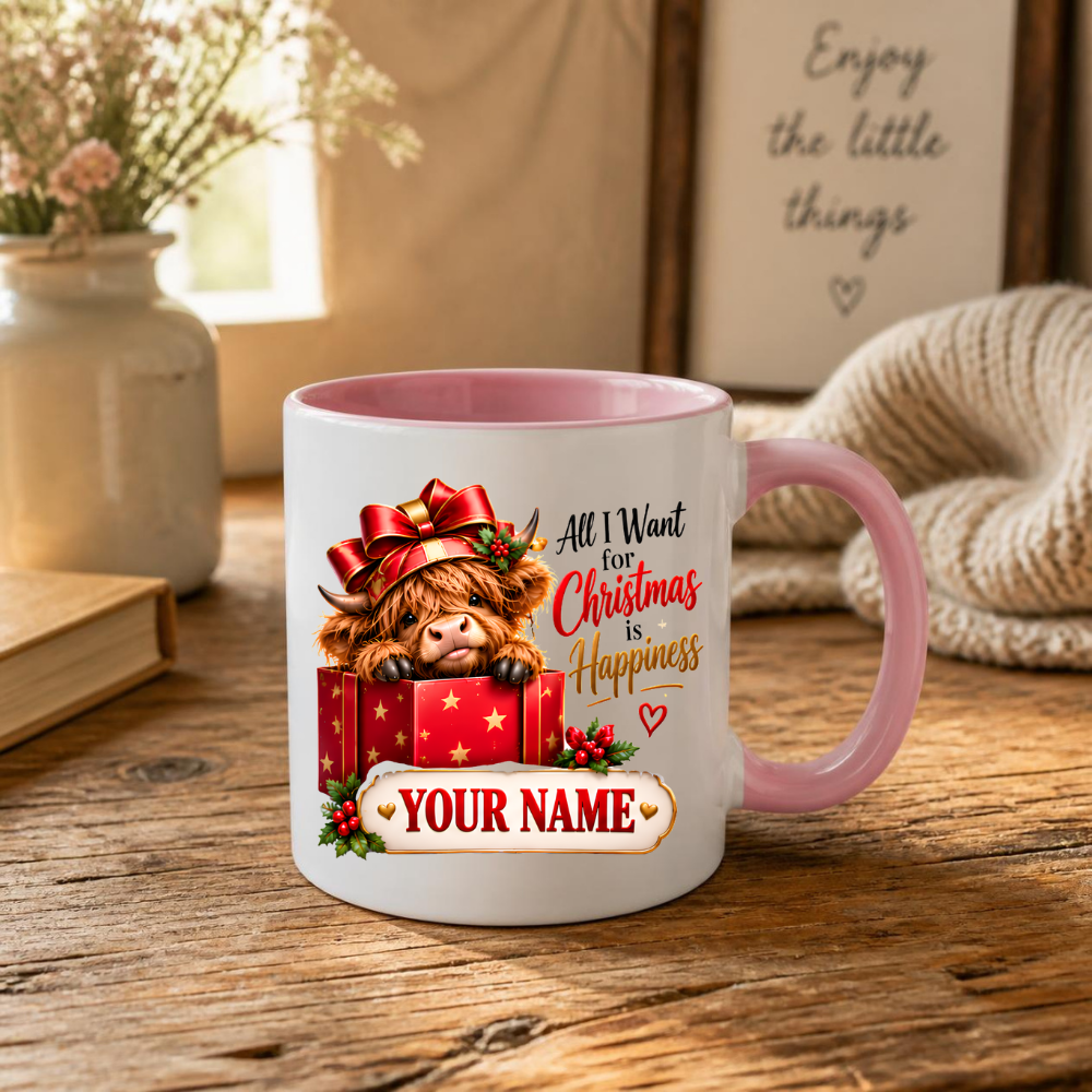 Personalised Christmas Mug "All I Want For Christmas Is Happiness" 325ml Ceramic Coffee Tea Cup – Gift Box Highland Cow, Red Bow, Custom Name & Festive Slogan Novelty Gift for Bestie, Women, Holiday – Fast Dispatch by UK Seller (M3518)