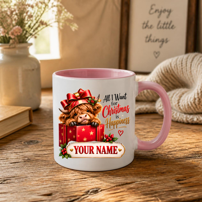 Personalised Christmas Mug "All I Want For Christmas Is Happiness" 325ml Ceramic Coffee Tea Cup – Gift Box Highland Cow, Red Bow, Custom Name & Festive Slogan Novelty Gift for Bestie, Women, Holiday – Fast Dispatch by UK Seller (M3518)