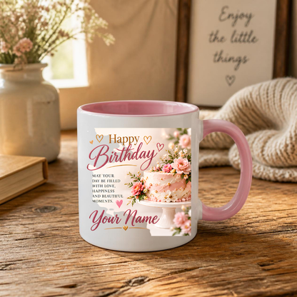 Personalised Birthday Mug "Happy Birthday" 325ml Ceramic Coffee Tea Cup – Pink Frosted Cake, Floral Decor, Custom Name & Love Wish Slogan Novelty Gift for Women, Bestie, Birthday – Fast Dispatch by UK Seller (M3512)