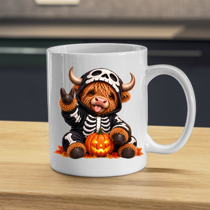 Spooky Mug "Skeleton Costume Highland Cow" Skeleton Highland Cow 325ml Ceramic Coffee Mug Cute Halloween Onesie Tea Cup with Pumpkin Graphic Gift | Available in Multicolours | Fast Dispatch by UK Seller (M3163)