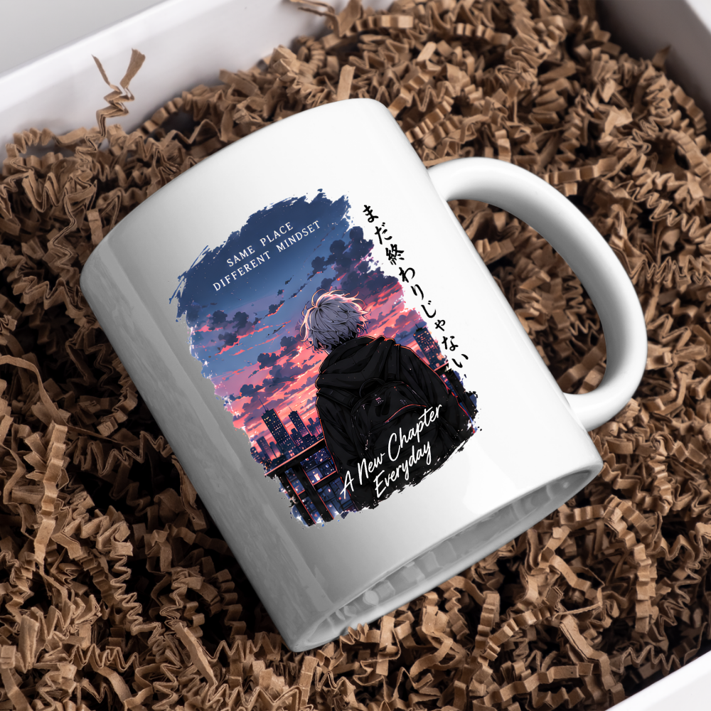 Inspirational Anime Boy Mug "SAME PLACE Different Mindset" City Sunset 325ml Ceramic Coffee Mug – Aesthetic Mindful Tea Cup with Japanese Kanji Graphic Gift | Available in Multicolours | Fast Dispatch by UK Seller (M3046)