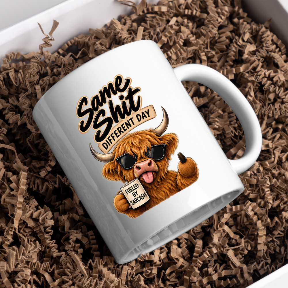 Sarcastic Mug "SAME SHIT DIFFERENT DAY" Highland Cow 325ml Ceramic Coffee Mug Novelty Highland Cow Tea Cup with Sunglasses, Middle Hoof & "Fueled By Sarcasm" Mug Graphic Gift | Available in Multicolours | Fast Dispatch by UK Seller (M3086)
