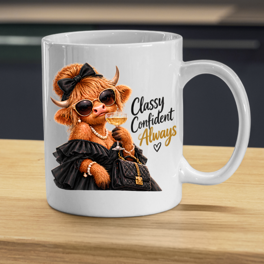 Highland Cow Mug "Classy Confident Always Highland Cow" 325ml Ceramic Coffee Mug – Glamorous Highland Cow in Black Evening Dress Pearls Sunglasses Bow Holding Champagne Glass Chic Gift | Available in Multicolours | Fast Dispatch by UK Seller (M3280)