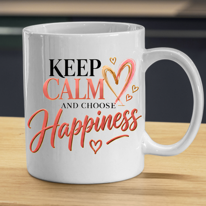 Motivational Mug "Keep Calm And Choose Happiness" 325ml Ceramic Coffee Tea Cup – Pink & Gold Typography, Cute Hearts & Positivity Slogan Novelty Gift for Friends, Colleagues, Birthday – Fast Dispatch by UK Seller (M3493)