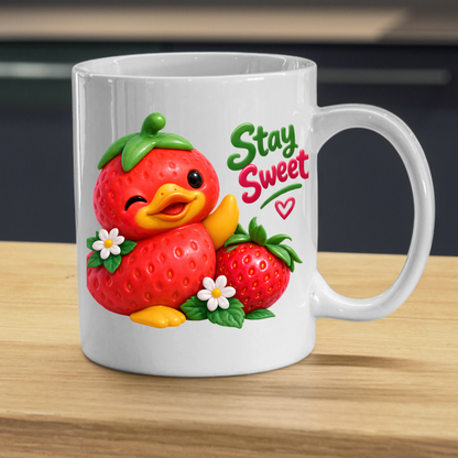 Inspirational Mug "Stay Sweet Strawberry Duck" Stay Sweet 325ml Ceramic Coffee Mug – Cute Winking Strawberry Duck Waving Next to Blossoms Strawberry Heartwarming Gift For Friends Family | Available in Multicolours | Fast Dispatch by UK Seller (M3249)