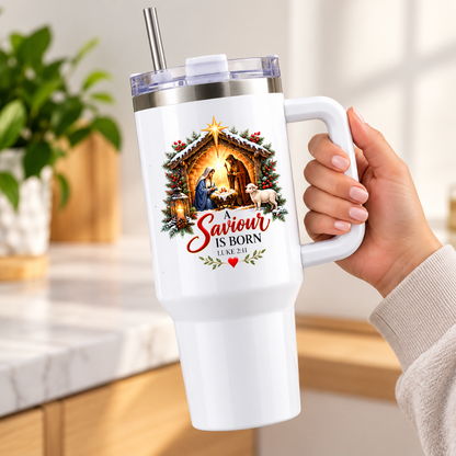 Inspirational Religious Christmas Travel Tumbler "A Saviour Is Born" Graphic 40oz Stainless Steel Insulated Travel Mug with Handle & Straw – Nativity Scene with Baby Jesus, Mary, Joseph & Sheep Novelty Travel Cup | Fast Dispatch by UK Seller (T3013)