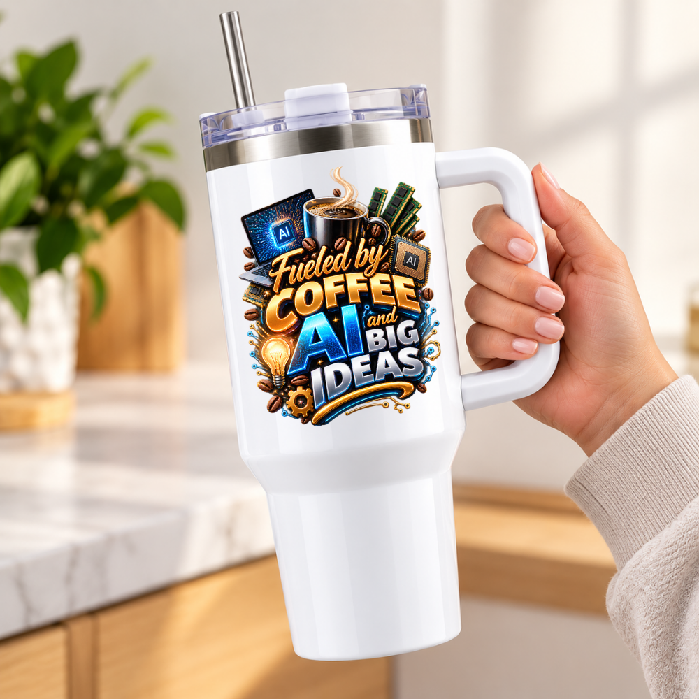 Funny Tech Travel Tumbler "Fueled by COFFEE AI and BIG IDEAS" Graphic 40oz Stainless Steel Travel Mug with Handle & Straw – Tech Laptop, Steaming Coffee Cup, RAM & Processor Chip Novelty Gift for Coders & Office | Fast Dispatch by UK Seller (T3049)
