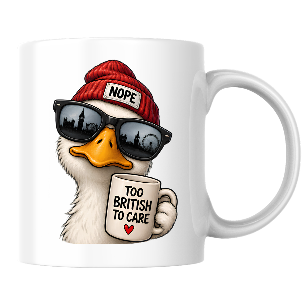 British Humour Mug "TOO BRITISH TO CARE" Funny Duck 325ml Ceramic Coffee Mug Cheeky London Duck Tea Cup with Union Jack-Inspired British Artwork Gift | Available in Multicolours | Fast Dispatch by UK Seller (M3002)