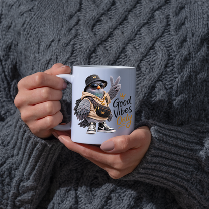 Good Vibes Mug "Good Vibes Only Cool Pigeon" 325ml Ceramic Mug – Cool Pigeon in Bucket Hat, Gold Chain, Crossbody Bag High Top Sneakers Funny Streetwear Bird Mug Gift For Friends Coworkers | Available in Multicolours | Fast Dispatch by UK Seller (M3237)
